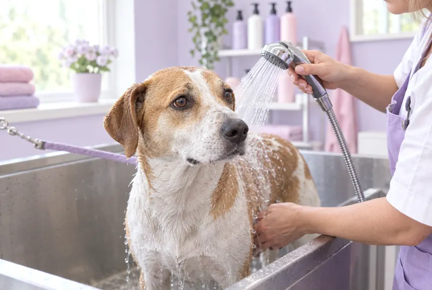 Cachorro de pelo curto sendo enxaguado