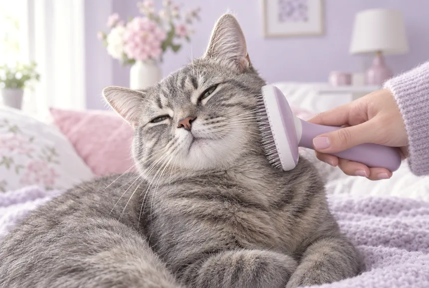 Gato sendo escovado com calma
