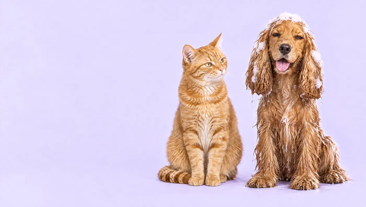 Cocker spaniel encharcado e ensaboado, sentado de frente ao lado do gato