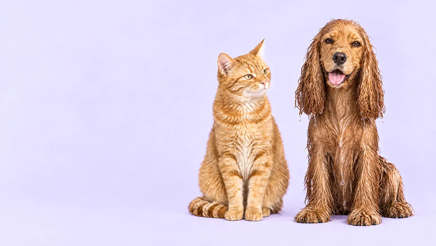 O mesmo cachorro enxaguado, sem nenhuma espuma, o pelo encharcado e grudado, sentado de frente