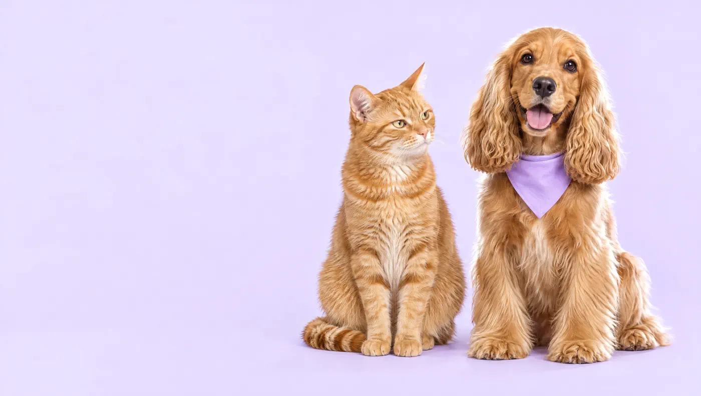 O cachorro seco, escovado e de bandana lilás, sorrindo de frente
